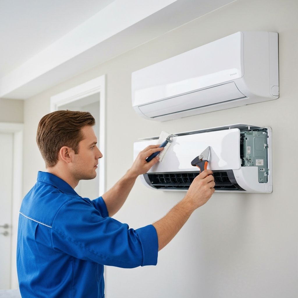 Técnico realizando mantenimiento de aire acondicionado
